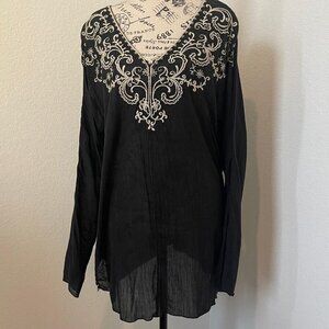 Lucky Brand Womens Top Black XS Embroidered Tunic‎ Light weight Sheer Bohemian